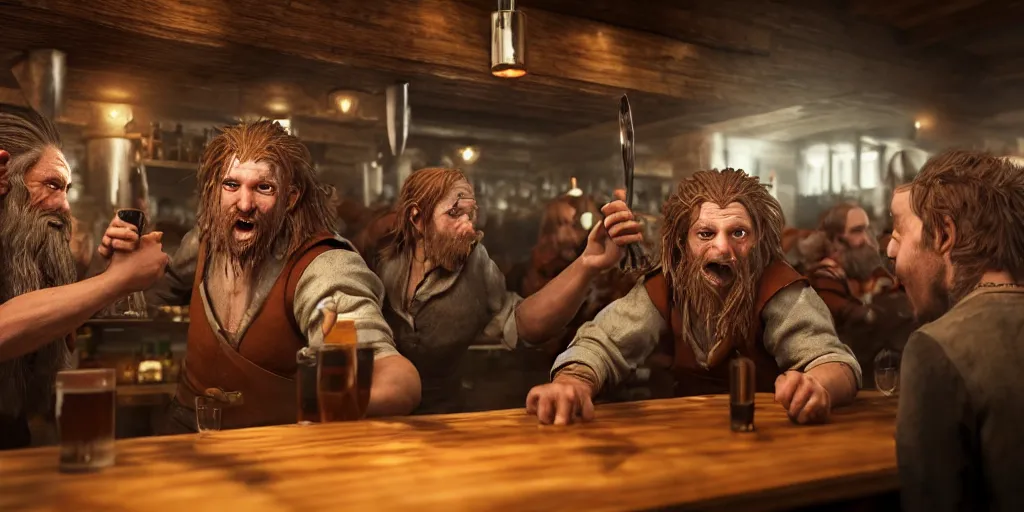 Prompt: a photo of a bar fight inside a pub between hobbits and dwarves and elves, detailed faces, accurate faces, 4k, hyperrealism, editorial, photorealistic, crisp details, sharp focus, wide angle lens, octane render, caustics