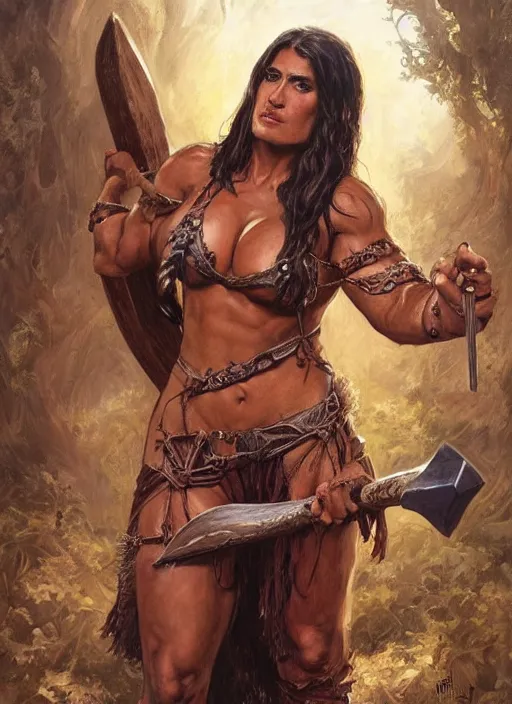 Image similar to portrait of very muscled Salma Hayek as barbarian with axe drawn hiding from a few scary creepy mummies, elegant, highly detailed, centered, digital painting, artstation, concept art, artgerm, donato giancola, Joseph Christian Leyendecker, WLOP, Boris Vallejo, Artgerm