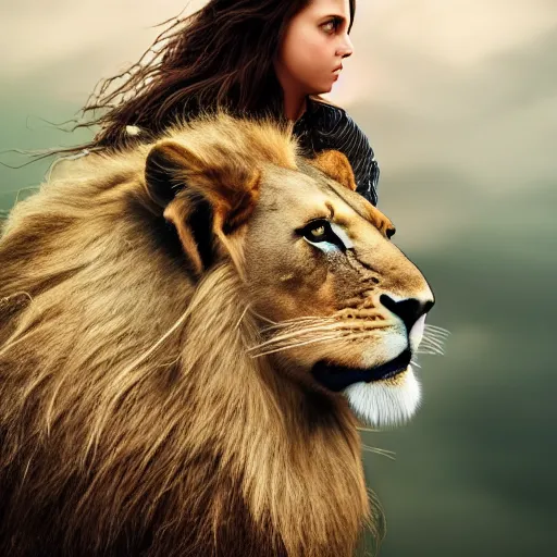 Prompt: girl riding a lion, extremely detailed, high quality, 4 k, cinematic, dramatic lightning, photo realistic, beautiful face, highly detailed face