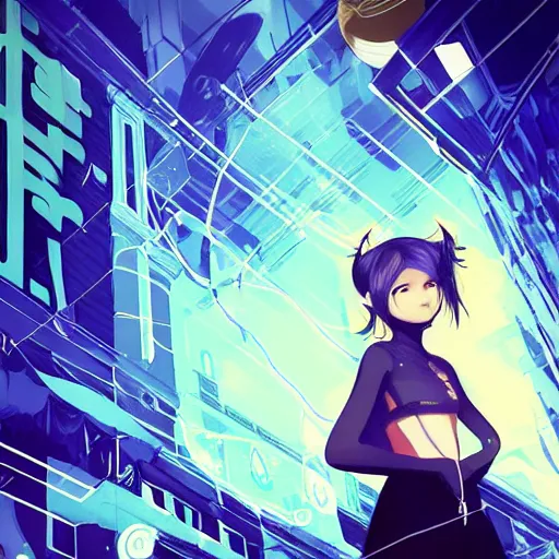 Image similar to Frequency indie album cover, luxury advertisement, indigo filter, blue and black colors. highly detailed post-cyberpunk sci-fi close-up schoolgirl in asian city in style of cytus and deemo, mysterious vibes, by Ilya Kuvshinov, by Greg Tocchini, nier:automata, set in half-life 2, beautiful with eerie vibes, very inspirational, very stylish, with gradients, surrealistic, dystopia, postapocalyptic vibes, depth of field, mist, rich cinematic atmosphere, perfect digital art, mystical journey in strange world, beautiful dramatic dark moody tones and studio lighting, shadows, bastion game, arthouse