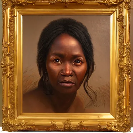 Image similar to portrait of a shona people woman ( 3 5 ) from zimbabwe in 2 0 2 1, an oil painting by ross tran and thomas kincade