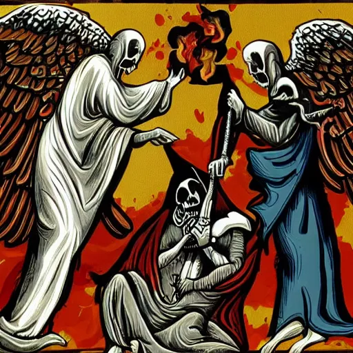 Prompt: Grim Reaper being ripped apart by biblically accurate angels