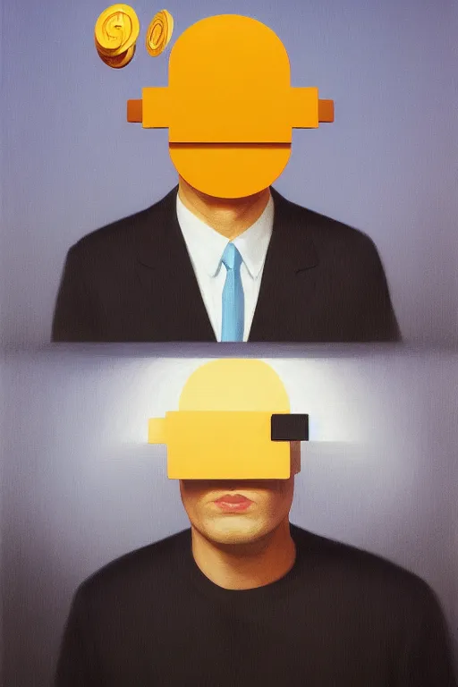 Image similar to satoshi nakamoto wearing oculus and bitcoin over his head edward hopper and james gilleard, zdzislaw beksisnski, higly detailed