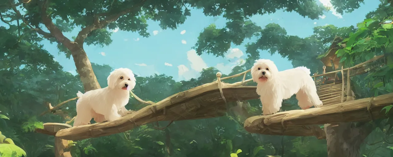 Prompt: a cream - colored havanese dog building a giant tree house next to a tropical beach, atey ghailan, goro fujita, studio ghibli, rim light, exquisite lighting, clear focus, very coherent,