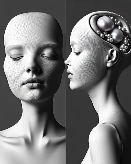 Prompt: dreamy foggy elegant soft luminous bw profile face portrait 3 d render, beautiful young biomechanical - porcelain - female - cyborg with a delicate detailed mandelbrot fractal texture skin and a very long neck with gothic pearl embroidered collar, halo, white smoke atmosphere, rim light, hg giger, 8 k