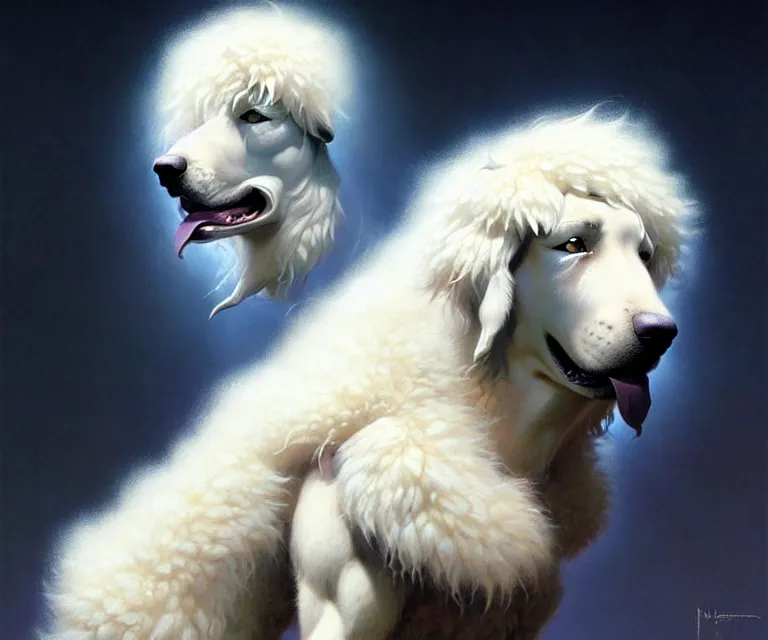 Prompt: beautiful fantasy character portrait of a maremma dog, extra fluffy fur, ultra realistic, dramatic lighting, the fifth element artifacts, highly detailed by peter mohrbacher, hajime sorayama, wayne barlowe, boris vallejo, aaron horkey, gaston bussiere, craig mullins