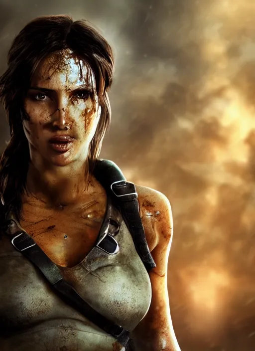 Prompt: a film still of lara croft as batgirl, her face muddy and sweat, direct sun light, close up potrait, cinematic,