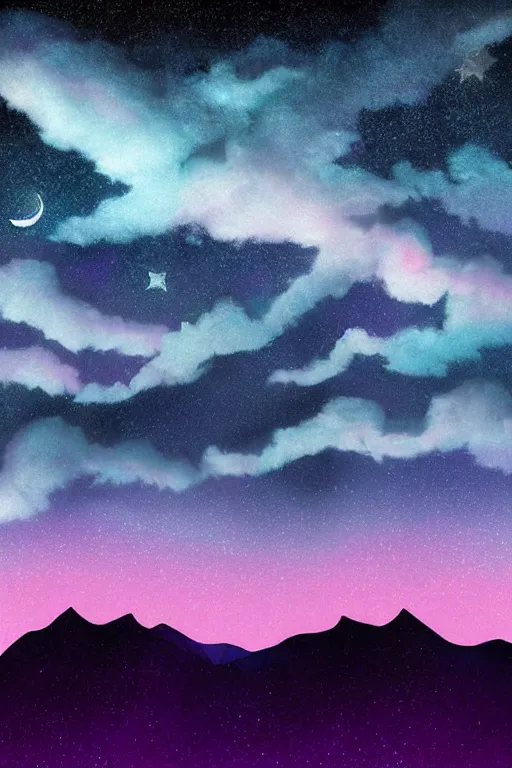 Image similar to matte painting layered night sky. Stars and a swirly starry night moon. pink and purple ombre puffy cotton candy clouds. Dark hills forest silhouette below. Cyril Roland