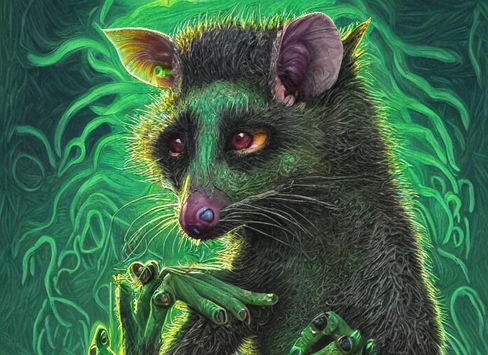 Image similar to full-body portrait of a anthro green zombie opossum fursona with long dark hair. Ruined stormy city. Glorious sun beams, intricate, elegant, highly detailed, digital painting, short focus, illustration, Allan Lee, John Howe