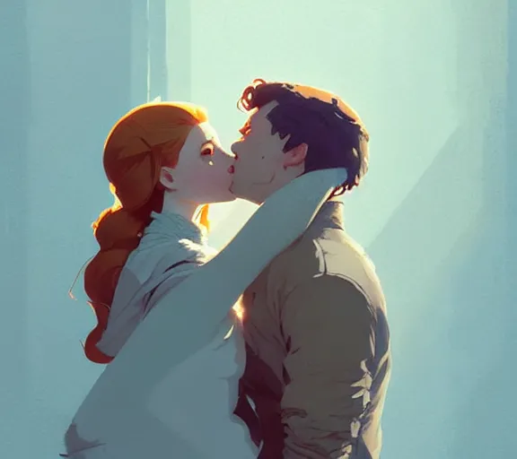 Image similar to portrait of jon kissing sansa by atey ghailan, by greg rutkowski, by greg tocchini, by james gilleard, by joe fenton, by kaethe butcher, dynamic lighting, gradient light blue, brown, blonde cream and white color scheme, grunge aesthetic