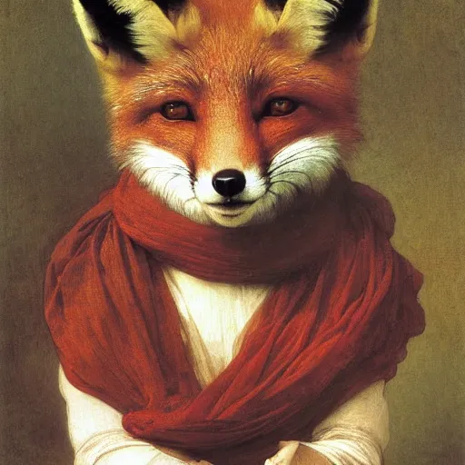 Prompt: A portrait of a fox in a scarf surrounded by flowers by William-Adolph Bouguereau, animal in a scarf, fox wearing a scarf