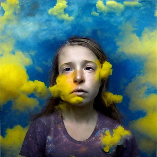 Prompt: crying girl, covered in yellow and blue clouds, by kim keever