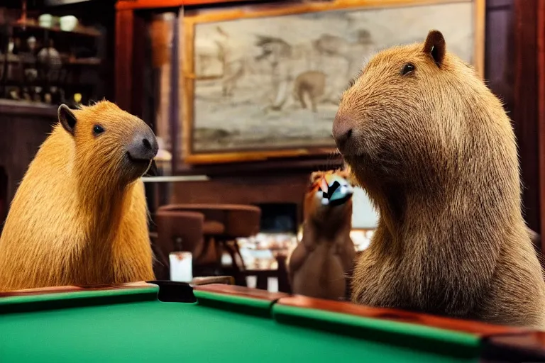 Prompt: capybaras sitting at pool table contemplating life and smoking cigars