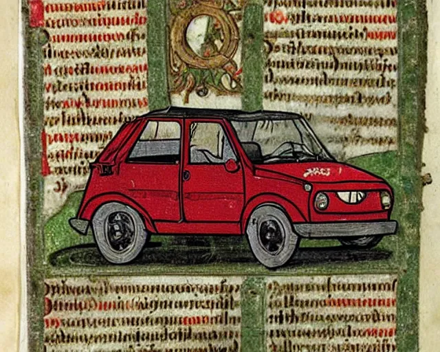 Prompt: Page from illuminated medieval manuscript showing a rusty Fiat 126p