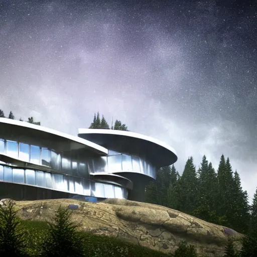 Prompt: a futuristic modern house on top of a mountain, above a dense pine forest, nebula in sky overhead, misty rain, frank gehry, rule of thirds, hyperdetailed, ultra realism, 8k, unreal engine, megascans, volumetric lighting, dreamscape,