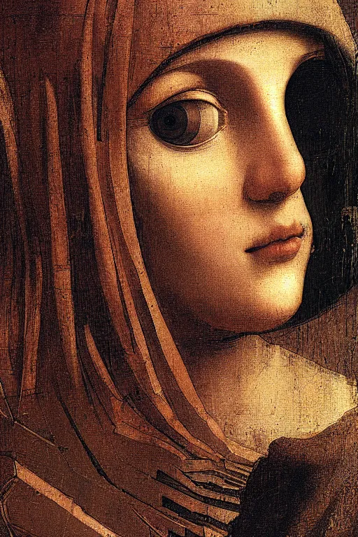 Image similar to a close - up portrait of a cyberpunk cyborg girl, by leonardo davinci, rule of thirds