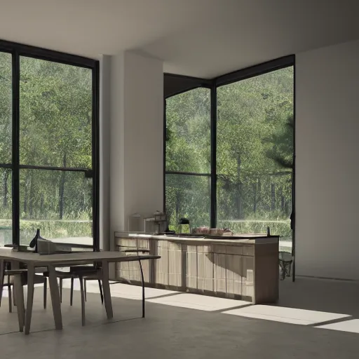 Prompt: brutalist open kitchen, big windows, showing trees landscape on background, minimalist architecture, minimalist furniture, octane render, high quality, 8 k, post production