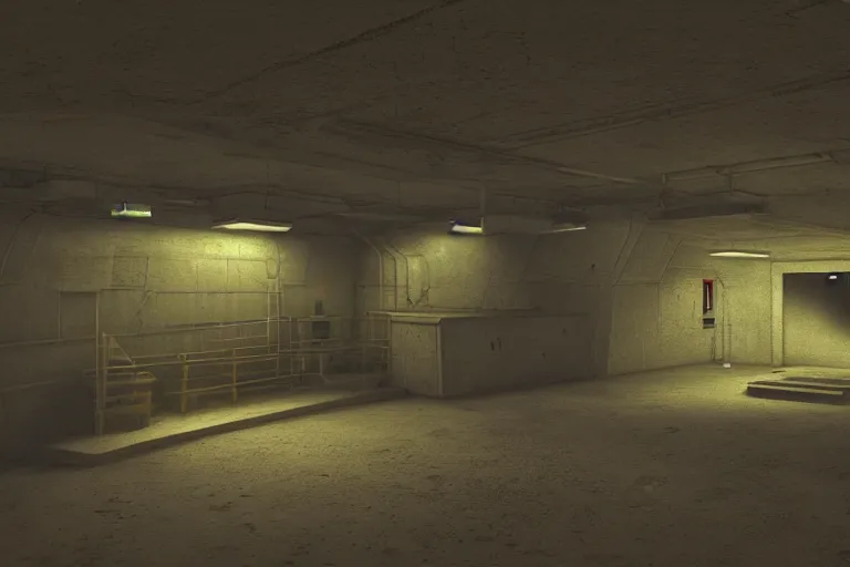 Prompt: very realistic detailed matte painting of a small civilian bunker, neon lighting