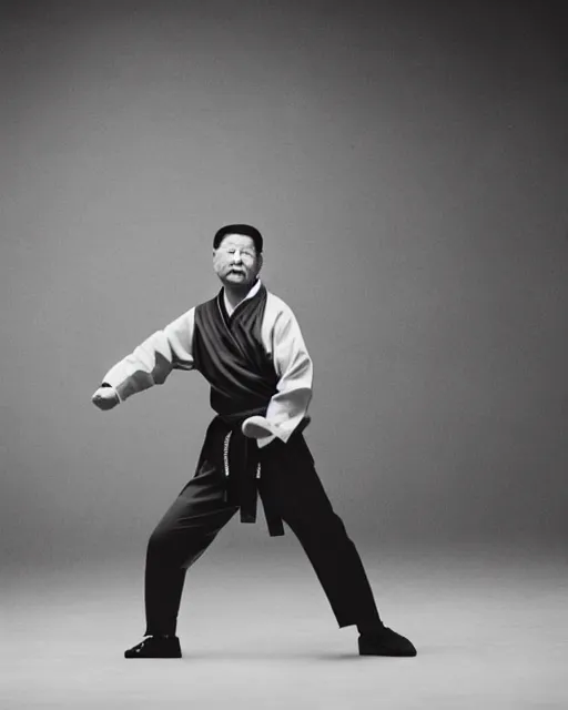 Image similar to Xi Jinping practicing karate at the Shaolin temple, photorealistic, studio lighting, photographed in the style of Annie Leibovitz