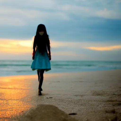 Prompt: photo of hatsune miku takes a walk on late evening beach, f 2,4