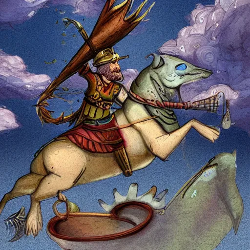 Prompt: epic fantasy illustration of a man riding a fish through the sky