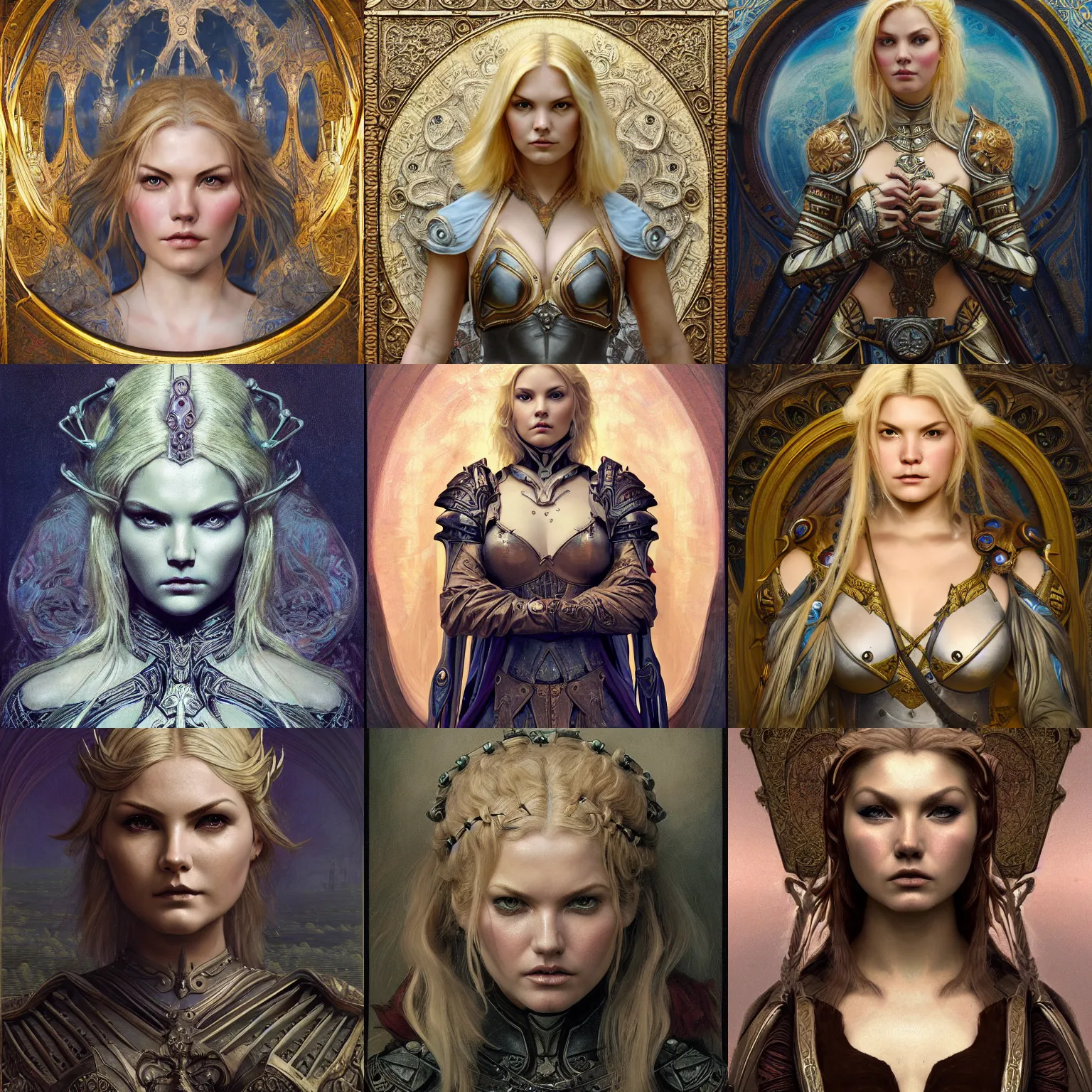 Prompt: masterpiece head-on symmetrical centered portrait, Elisha Cuthbert as a Warcraft warrior, medieval era, blonde hair, full steel armour, art nouveau, gothic, elegant, distant, in the style of Edgar Maxence and Ross Tran and Zdzisław Beksiński and Michael Whelan and Mucha and Gustave Doré, specular highlights, 8k, octane render