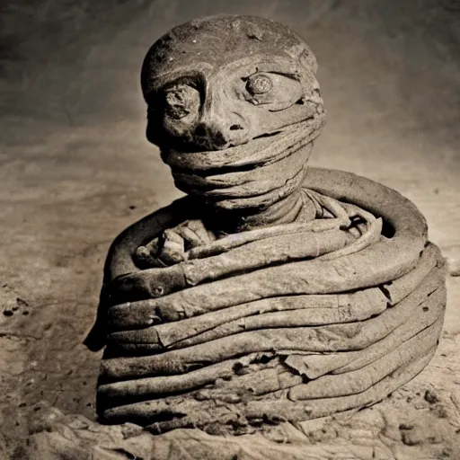 Prompt: an ancient mummy of a shaman in a fetal position