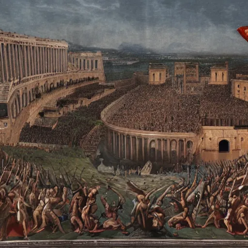 Prompt: The fall of Rome from the Emperor\'s perspective, high atop the throne.