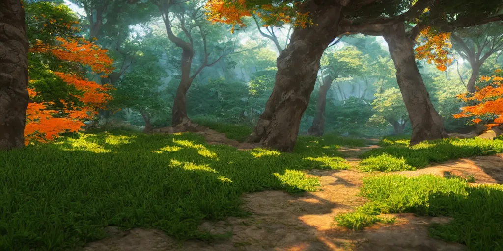 Image similar to beautiful 3 d nature environment from genshin impact, ingame rendering, cell shaded, screenshot, beautiful colors, 8 k, detailed, award winning, unreal engine 5, stylized, popular on artstation, anime style, nostalgic