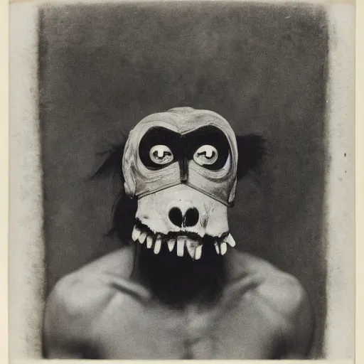 Prompt: photo of ugly brutal animal face mask muscular cultist by Diane Arbus and Louis Daguerre