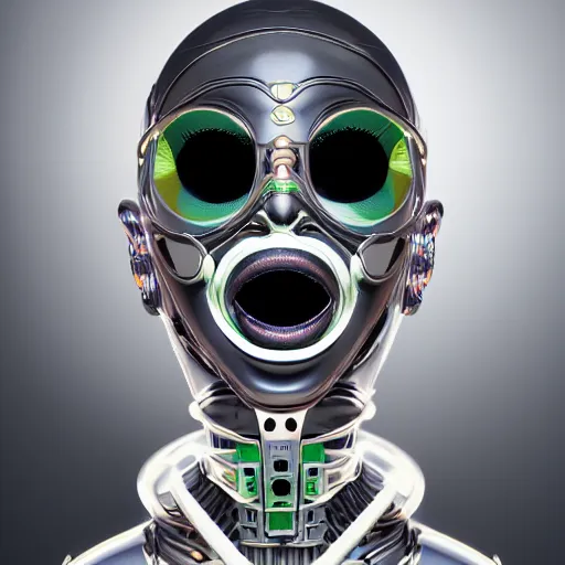 Image similar to Soundcloud robot rapper full of face tattoos and grills in its teeth, designed by Luigi Colani, smooth curvature design, ultra detailed, highly capsuled, detailed full body concept art, digital art, detailed intricate elegant, octane render, futuristic, led lights, 8k, 100 mm lens