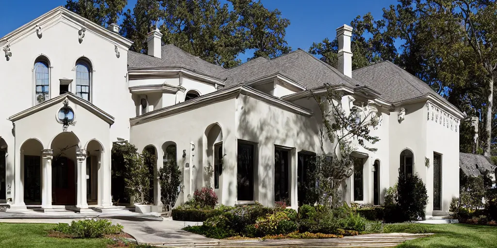 Image similar to stucco tudor with wood and tile white black mansion by mcalpine house, by jackson & leroy architects