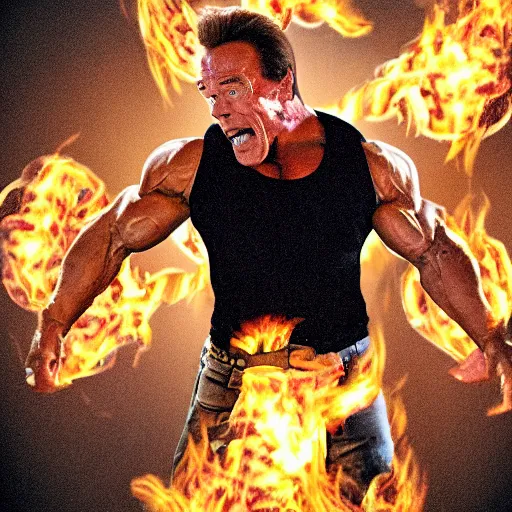 Prompt: A photo of Arnold Schwarzenegger with flames coming from his ears throwing a fit in the kitchen, frying pans and food flying in the air, taken with a Canon EOS 5D.