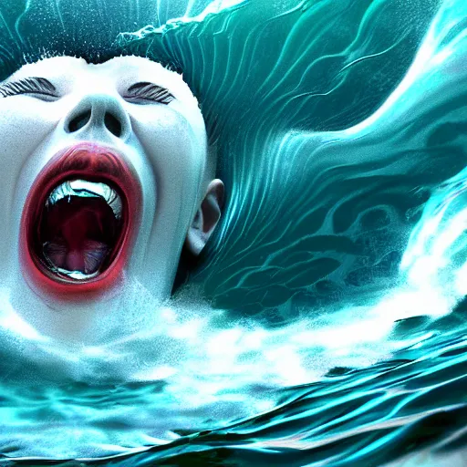 Image similar to an ocean wave with a screaming mouth, realistic, cinematic, digital art, trending on artstation