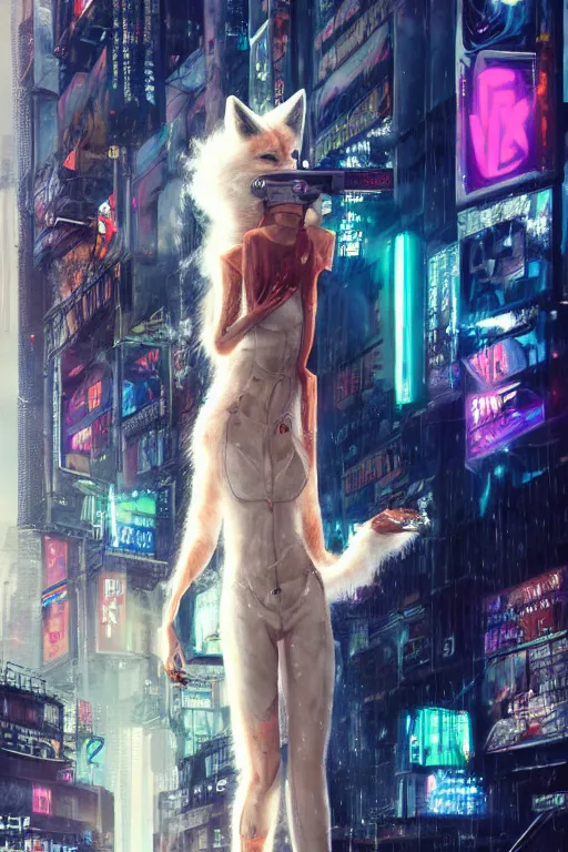 Prompt: beautiful portrait of a tall white female anthro fox smoking a cigarette towering head and shoulders above the bustling crowd of a rainy city street around her, cyberpunk clothes, cyberpunk, harsh neon lights, highly detailed, sharp focus, digital painting, illustration, trending on artstation, art by sakimichan, wlop, greg rutkowski