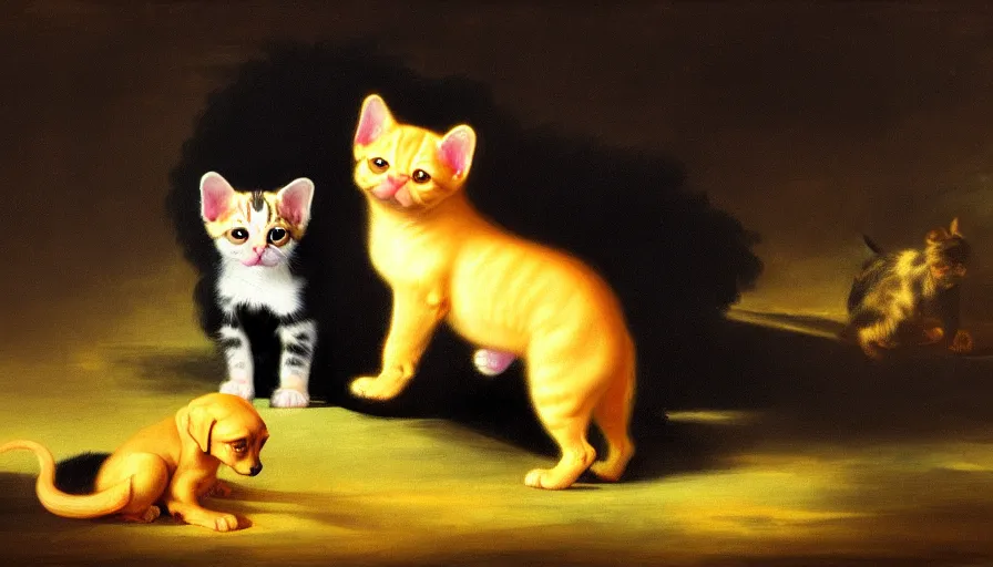 Image similar to a tropical dog kitten in the style of francisco goya, 4 k resolution