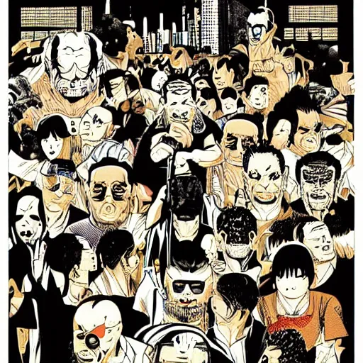 Prompt: yakuzas vs yokais in post-apocalyptic tokyo, illustration by Tyler Stout