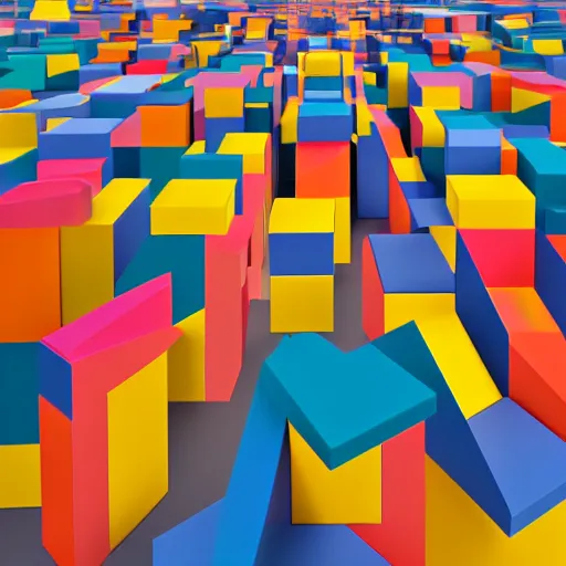 Prompt: abstract geometric art made of boxes of varied sizes and colours, arranged like modern architecture, three point perspective, 1 2 mm focal lens, analogous complementary colour scheme, hyperrealism, octane render