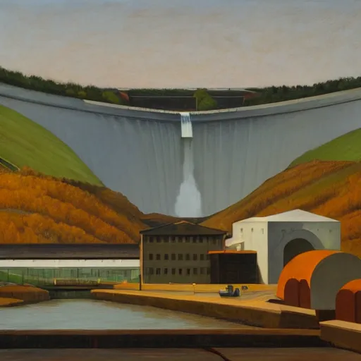 Image similar to hydroelectric dam, turbines, spillway, fish ladder, robot caretakers, grant wood, pj crook, edward hopper, oil on canvas