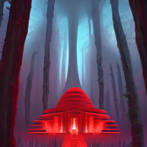 Image similar to red futuristic temple between giant trees, shooting stars, dramatic lighting, artstation, matte painting, raphael lacoste, simon stalenhag, frank lloyd wright