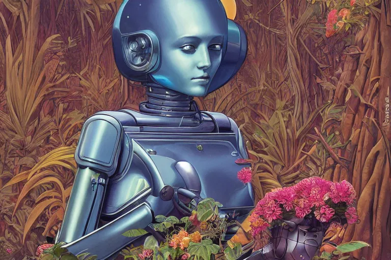 Image similar to evangelionic illustration, gigantic girl head, a lot of exotic vegetation, trees, tremendous pleasure robot, flowers, oldschool vintage sci - fi flat surreal design, super - detailed, oil painting by moebius, hd, 4 k, high quality