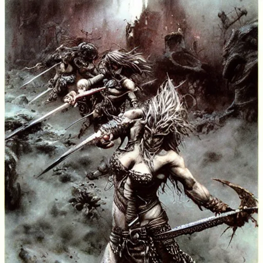 Prompt: barbarian girl fighting orcs by Luis Royo and Beksinski