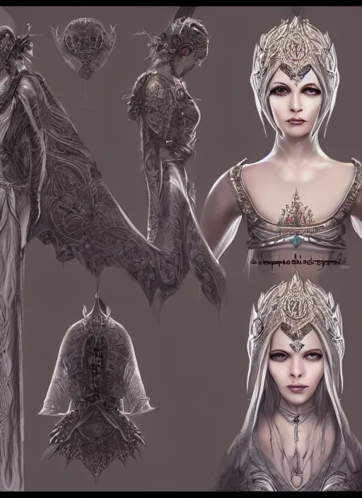 Image similar to full body concept art sheet, photorealistic symmetrical beautiful teenage face, symmetric eyes, female priestess with shiny hair wearing full intricate clothing, temple, godray, intricate, cg society, Elden Ring, darksouls, bloodborne