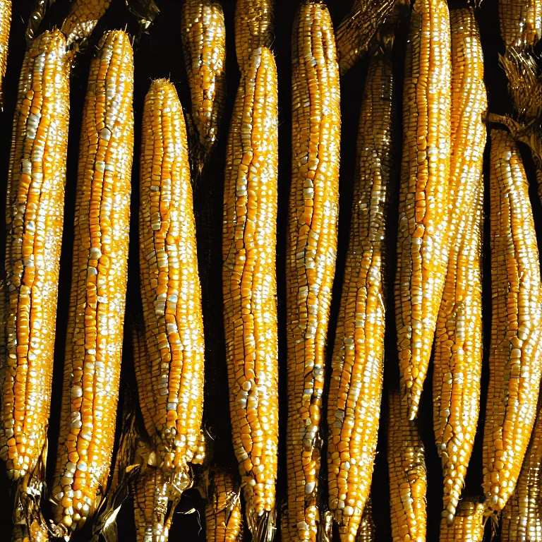 Prompt: a metal reflective chrome corn on the cob, film photo, soft lighting album cover, nostalgia, gradient, light reflection