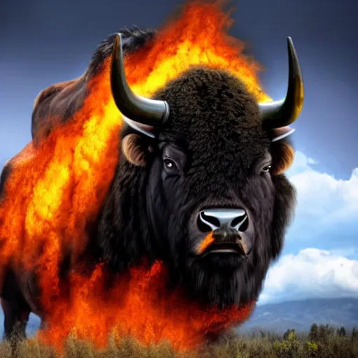 Prompt: A large black bison with fiery eyes, Bison God, Ancient