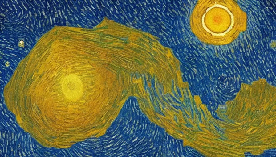 Image similar to the sun being blocked by a hexagon in space, planet earth in the foreground, painted by van gogh