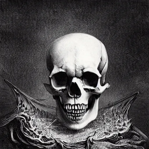 Prompt: a skull with incredibly long sharp teeth, detailed, cgi, dark atmosphere, horror, by gustave dore, by emil melmoth, trippy, epic, symmetrical - h 8 3 3