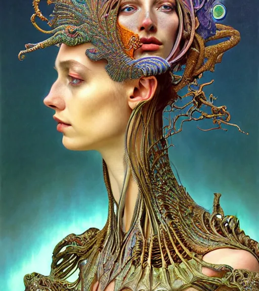 Prompt: stunning 3 d model of detailed realistic beautiful young groovypunk queen of andromeda galaxy in full regal attire. face portrait. art nouveau, symbolist, visionary, baroque, giant fractal details. horizontal symmetry by zdzisław beksinski, iris van herpen, raymond swanland and alphonse mucha. highly detailed, hyper - real, beautiful