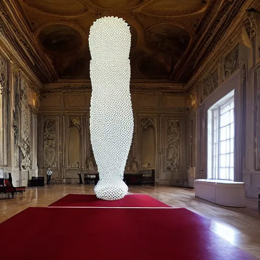 Image similar to giant Italian modern castle living room, clean minimalist design, that is 1300 feet tall, a sculpture installation of a series of 8 feet tall modern mirror finish, smooth, organic shaped sculptures by Tony Cragg, photo by Annie Leibovitz