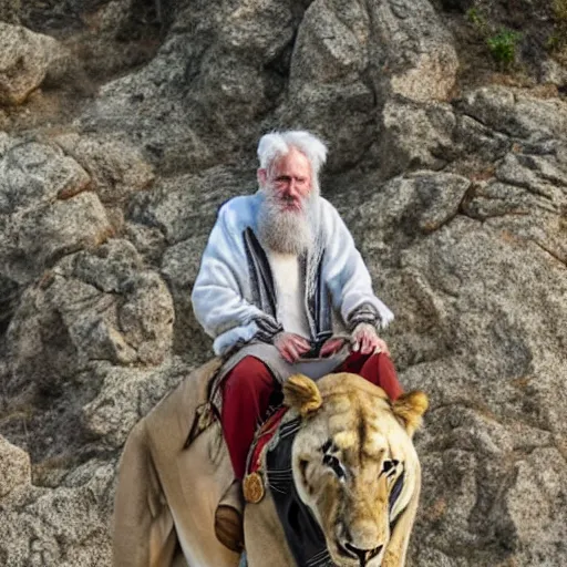 Image similar to old man ( long white beard and a hood ) riding on lions back